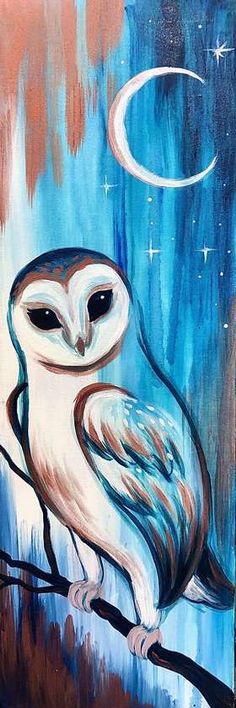 an owl is sitting on a tree branch in front of the night sky and stars