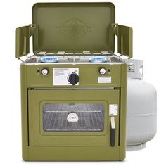 an outdoor stove with the door open and two propane tanks in front of it