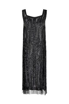 This original 1920s little black dress is an unlabelled haute couture example, fully sequinned all over and in truly excellent antique condition. Tailored to a timeless flapper silhouette, this exquisite tabard gown has a gentle scope neckline, calf-revealing length and flowing, loose-cut body with two side slits up to the knee.  There are two types of sequins, smooth and faceted which form a wave-like pattern.  They shimmer in the light and provide a textual look and finish to the garment. The Flapper Silhouette, Couture Garments, Silk Tulle, Black Sequins, Dress Clothes For Women, The Knee, Flapper Dress, Little Black Dress, Black Dress