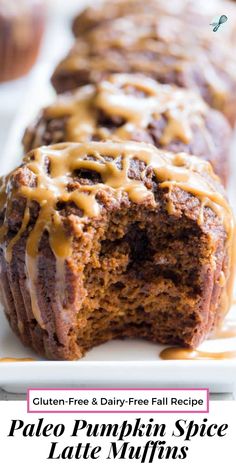 a close up of a plate of pumpkin spice latte muffins with glaze