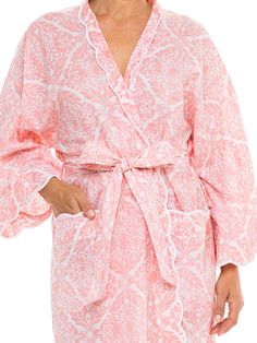 Why settle for ordinary when you can enjoy the relaxed, flowing comfort of a kimono robe that feels as good as it looks? This coral filigree kimono robe is made for those women who value both comfort and style. This timeless design, inspired by ancient tradition, offers a relaxed fit that allows you to move with ease and grace. Crafted from lightweight, breathable cotton, the Kimono features soft, flowing sleeves and scalloped edges for an uniquely feminine feel. The matching belt and interior t Flowing Sleeves, Mother To Be, Kimono Robes, Scalloped Edges, Summer House, Working From Home, Timeless Design, From Home, The Day