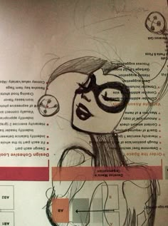 a drawing of a woman's face with glasses on top of her head and words below it