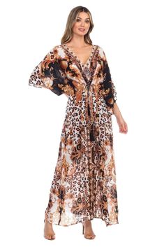 Royal Jungle Printed Long Kaftan-Style Robe And Beachwear Cover Up Sheer Kaftan, Baroque Motifs, Kaftan Style, Long Kaftan, Resort Dresses, Cover Beachwear, Jungle Print, Embroidered Neckline, Vacation Dresses