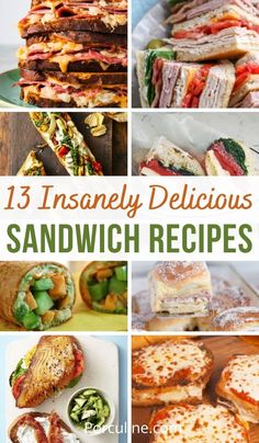 some sandwiches are stacked on top of each other with the words 13 insanely delicious sandwich recipes