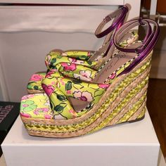 * Braided Wedge Heel With Floral Print Toe Strap * Rhinestone Accents On The Heel * Satin Upper Material * Synthetic Lining * 5 Inch Heel Height 6.5 Only Tried On And Never Worn. Love Them But I Don’t Have Anything That Matches With Them. Surprisingly Light In Weight. Don’t Have The Box Since I Purchased It Without But I Have A Plain Box I Will Ship Them In. Summer Party Platform Wedge Sandals, Summer Wedge Heel Sandals For Party, Multicolor Closed Toe Wedge Sandals For Party, Yellow Open Toe Wedge Sandals For Party, Yellow Wrapped Heel Sandals For Summer, Summer Party Heels With Wedge Heel, Summer Party Wedge Heels, Chic Multicolor Wedge Sandals For Spring, Chic Yellow High Heel Wedge Sandals