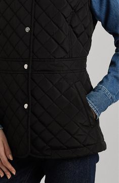 A polished third layer, this diamond-quilted vest features stylish details, logo embroidery at the chest and lightweight fill for warmth without bulkiness. 26" length Front snap closure Spread collar Front welt pockets Lined, with 100% polyester fill 100% recycled polyester Machine wash, tumble dry Made in China Black Vest Outfit, Desert Cowgirl, Vest Outfits For Women, Black Vest, Quilted Vest, Vest Outfits, Diamond Quilt, Nordstrom Store, Anniversary Sale