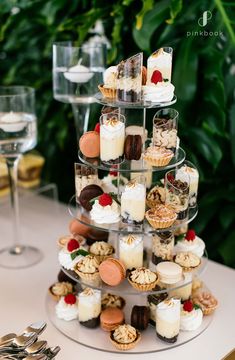 a three tiered cake stand filled with desserts