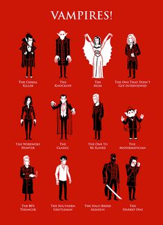 an image of vampires in different poses on a red background with the caption's description below