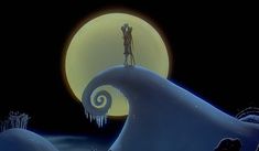 a man standing on top of a wave in front of a full moon with icicles