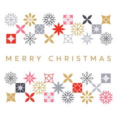 a merry christmas card with many different shapes and colors on it's white background