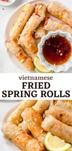 fried spring rolls on a plate with dipping sauce