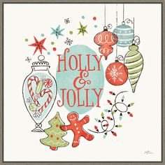 holly and jolly christmas card with ornaments