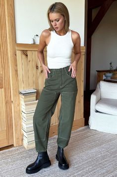 Emerson Fry Barrel Pant - Olive Nyc Fits, Emerson Fry, Canvas Hat, Oxford Platform, Contrast Top, Lucky Green, Trouser Pants Women, Womens Size Chart, Trousers Women