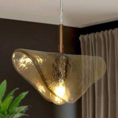 a glass light hanging from a ceiling in a living room with curtains and potted plant