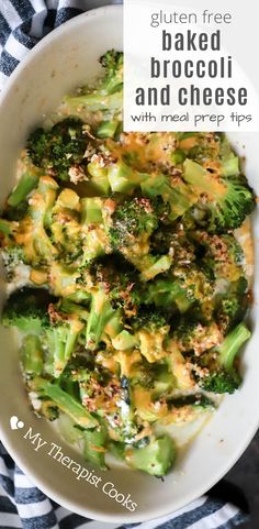 a white bowl filled with broccoli and cheese on top of a checkered table cloth