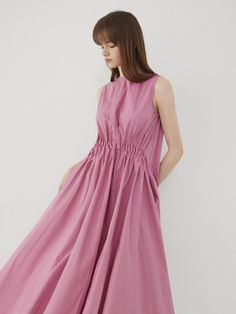 This lovely dress features voluminous, drapery silhouette in maxi length. It is accentuated with unique shirred details at waist.  - Intended for a loose fit- Lightweight cotton fabric- Airy, crisp texture- Casual side pockets and back zip fastenings- Cute and feminine feel Spring Pleated Pre-draped Midi Dress, Spring Billowy Ruched Maxi Dress, Pre-draped Maxi Dress With Folds, Billowy Ruched Maxi Dress For Spring, Feminine Dress-down Maxi Dress With Ruched Bodice, Feminine Maxi Dress With Ruched Bodice For Dress Down, Feminine Maxi Dress With Ruched Bodice For Casual Wear, Feminine Ruched Bodice Maxi Dress For Casual Wear, Feminine Maxi Dress With Ruched Bodice