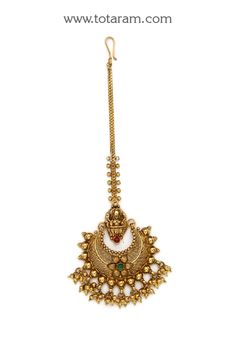 22 Karat Gold 'Lakshmi' Maang Tikka - Papidi Billa with Beads (Temple Jewellery) - 235-GT445 - in 10.900 Grams for USD $936.39. 
Made in India by Totaram Jewelers Online this product is in Gold - 22 Karat BIS Hallmark 916 KDM Gold  & is an excellent gift for Adult - Women. Ships fully insured with secured guaranteed delivery for free with your order over $250 from New Jersey USA & comes with 30 days exchange policy. Yellow Gold Kundan Necklace With Meenakari For Puja, Gold Chandbali Tikka With Zari Work, 22k Gold Temple Necklace With Tilla For Puja, Gold Tikka With Latkans Temple Jewelry, Gold Temple Jewelry Tikka For Eid, Yellow Gold Tikka For Festivals, Traditional Festive Gold Tikka, Festive Yellow Gold Tikka For Festivals, Gold Jhumkas For Navratri Puja