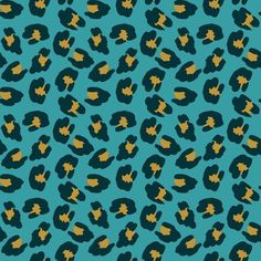 a blue and gold animal print pattern on a teal background with black spots in the middle