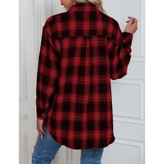 Red Plaid Print Loose Style Lightweight Shirt Jacket Oversized Red Flannel Shirt For Fall, Oversized Red Long Sleeve Flannel Shirt, Casual Red Collared Outerwear, Red Button-up Shirt For Fall, Oversized Red Flannel Shirt, Oversized Red Flannel Shirt Casual, Oversized Red Flannel Shirt Casual Style, Oversized Red Shirt For Fall, Red Button Closure Shirt For Fall