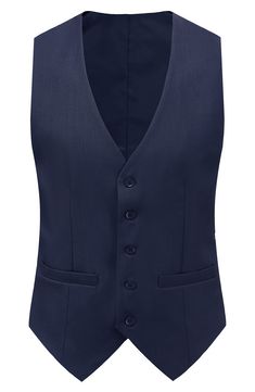 Bring understated elegance to the table in this three-piece suit crafted from rich fabric in a classic single-breasted silhouette. Jacket has notched lapels; chest welt pocket; front flap pockets Vest has front button closure; V-neck Pants have zip fly with button closure; front slant pockets; back button-welt pockets Jacket and vest are lined; trousers are lined to the knee 65% polyester, 35% viscose Dry clean Imported Each suit has a 6” drop, meaning that a size 38R jacket is paired with size Semi-formal Slim Fit Single Breasted Three-piece Suit, Tailored Single Button Vest For Semi-formal Occasions, Slim Fit Three-piece Suit With Notch Lapel, Classic Formal Suit With Pockets, Fitted Suit Collar Vest For Work, Slim Fit Single Breasted Three-piece Business Suit, Semi-formal Slim Fit Three-piece Suit With Single Button, Slim Fit Three-piece Suit With Suiting Fabric, Office Vest With Welt Pockets And Notch Lapel