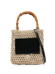 sand beige canvas/calf leather interwoven design signature bamboo top handles embossed logo to the front open top main compartment Bamboo Top, Chanel 2, Bamboo Handles, Demi Fine Jewelry, Sand Beige, Van Cleef Arpels, Ballet Flat Shoes, Pump Sandals, Open Top