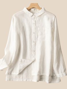 Women's Cotton Linen Shirt Lapel Collar Front Pocket Ladies Linen Vintage Blouse Top Plain Collared Tops For Spring, Plain Collared Blouse For Spring, Relaxed Fit Plain Blouse, Relaxed Fit Blouse With Casual Collar For Work, Plain Long Sleeve Linen Top, Relaxed Fit Blouse With Collar, Spring Long Sleeve Top With Placket, Casual Collared Linen Tops With Pockets, Spring Linen Tops With Casual Collar