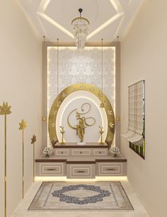 the interior of a room decorated in gold and white with an ornate clock on the wall