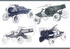 four different types of vehicles are shown in this drawing technique, each with wheels and axles