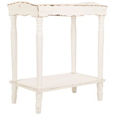 an old white wooden table with one shelf on the bottom and two legs at the top