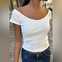 Ribbed Fitted Wide V-Neck Basic Short Sleeve Top. Fabrics: 100% Cotton Measurements: 22" (56cm) Length, 15" (38cm) Bust Made In: China Casual White Fitted V-neck Top, Basic V-neck Crop Top For Spring, Spring Basic V-neck Crop Top, Fitted Short Sleeve V-neck Top For Day Out, Casual Fitted White V-neck Top, Fitted Casual V-neck Top For Day Out, Brandy Melville Sweatshirt, Oversized Quarter Zip, Top Fabrics