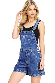 Short overalls with a multi pocket bib with logo patch.Traditional straps with clasp closures. Pockets on the sides and back, button closures at the sides. NO stretch in fabric. Jean Short Overalls Outfit, Short Overalls, Short Torso, Twill Shorts, Casual Summer Outfit, Khaki Chinos, Denim Overalls, Denim Jumpsuit, Model Photos