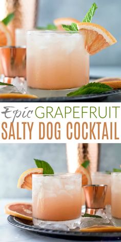 two glasses filled with grapefruit salty dog cocktail on top of a black plate