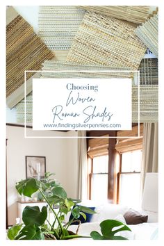 a living room filled with lots of green plants and wicker shades on the walls