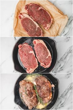 three different pictures of steaks cooking in pans