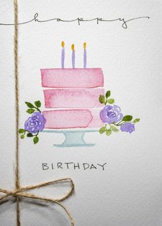 a birthday card with a pink cake and purple flowers on it that says happy birthday