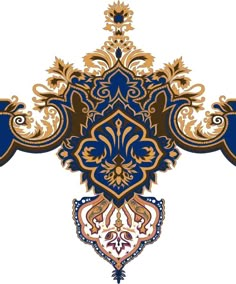 an ornate blue and gold design on a white background