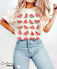 ---ALL COLORS IN VIDEO--- Enjoy summer in this cute watermelon Shirt, a stylish blend of nostalgic charm and vibrant design. Featuring a delightful watermelon pattern, this summer shirt captures the essence of cottagecore, perfect for beach outings and sunlit strolls. Crafted with an eye for detail, our watermelon shirt ensures you stay on-trend with its unique summer appeal. It's more than just a shirt; it's a seasonal favorite. Comfort Colors Tee *SIZING* - Please refer to size chart on the li Cute Multicolor T-shirt For Vacation, Pink Fruit Print Tops For Summer, Trendy Red Beach Shirt, Green Crew Neck Summer Shirt, Green Crew Neck Shirt For Summer, Cute Multicolor Summer Shirt, Fun Green Printed Tops, Cute Green Printed Top, Fruit Print Tops For Beach In Spring