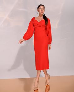 Fabric: Crepe Cotton 75%, Polyester 20%, Elastane 5% Puff sleeves Midi Length Dress length: 120cm/ 47in Skirt length: 90cm/ 35.5in Red Midi Dress, Midi Length Dress, Maxi Dress With Sleeves, Skirt Length, Puff Sleeves, Midi Length, Dress Length, Puff Sleeve, Cold Shoulder Dress