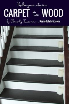 black and white stairs with text overlay reading how to paint your stairs carpet to wood