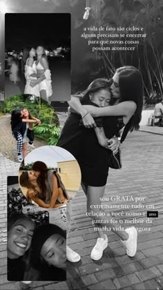 the collage shows two women hugging each other and one is holding an umbrella in her hand