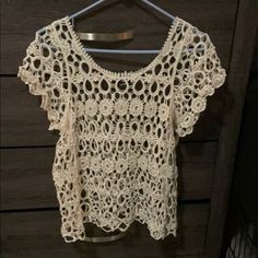 Brand New, Never Worn Crochet Blouse. Summer Crew Neck Crochet Top For Day Out, Summer Lace Crew Neck Top, Summer Lace Tops With Crew Neck, Cream Open Knit Lace Tops, Summer Lace Top With Crew Neck, Cream Lace Open Knit Top, Cream Lace Top With Open Knit, Beige Crochet Summer Tops, Summer Crew Neck Knit Top With Crochet Lace