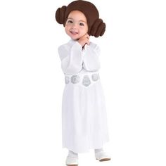 Star Wars Baby Princess Leia Costume includes:  Robe Printed belt Headpiece  More on Star Wars Baby Princess Leia Costume: Get them ready to destroy the Death Star with cuteness in this iconic Princess Leia Costume for babies! The full-length long-sleeve white robe secures in the back with a hook-and-loop closure and features a printed utility belt and a turtleneck cut to keep your little one warm on a cold Halloween night. No Princess Leia Costume is complete without her famous hairstyle so sli Baby Princess Leia Costume, Star Wars Princess Leia Costume, Princess Leia Costume, Party City Costumes, Leia Costume, Famous Hairstyles, Baby Costumes Girl, Star Wars Princess Leia, Star Wars Princess