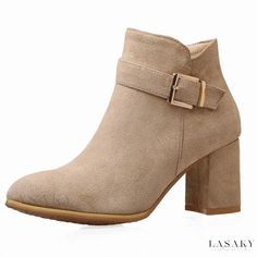 Lasaky - Soft Suede Booties with Secure Buckle Beige Round Toe Heels For Fall, Beige Closed Toe Booties For Fall, Beige Round Toe Heeled Boots, Beige Pointed Toe Boots With Buckle Closure, Winter Buckle Closure Closed Toe Booties, Beige Ankle Boots With Buckle Closure, Casual Closed Toe Heeled Boots With Buckle Closure, Casual Closed-toe Heeled Boots With Buckle Closure, Beige Boots With Buckle Closure For Fall