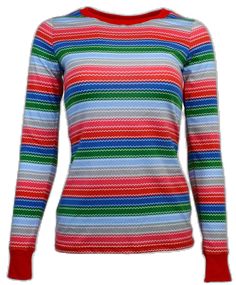 a women's sweater with colorful stripes on it