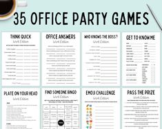 the 25 office party games are on display next to a cup of coffee