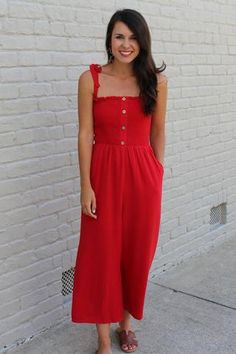 Summer means the 4th of July and that means RED, white, and blue! Shop this perfect red jumpsuit with us! Midi Jumpsuit, Red Midi, Smocked Top, Red Jumpsuit, Red White And Blue, Red Formal Dress, Midi Length, 4th Of July