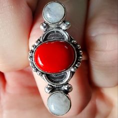 Brand New Handmade Red Coral And Rainbow Moonstone Silver Ring. 925 Stamped New To Poshmark? Use Referral Code Kimberlyn222 To Receive $10. Red Sterling Silver Ring With Natural Stones, Red Sterling Silver Rings With Natural Stones, Red Oval Jewelry With Natural Stones, Red Oval Moonstone Ring For Gift, Red Oval Natural Stone Jewelry, Red Oval Moonstone Ring, Oval Red Moonstone Ring Gift, Red Moonstone Ring For Anniversary, Red Moonstone Anniversary Ring