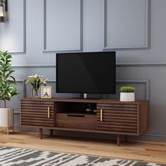 a flat screen tv sitting on top of a wooden entertainment center next to a potted plant