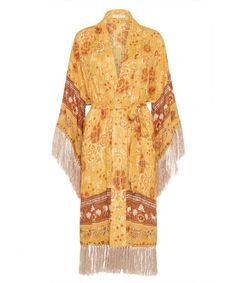 Our exquisite Mystic Tasseled Robe with its striking hues and stunning border placement on the sleeve and hem, is a vison of opulence. Featuring statement tassel fringe on the hem and sleeve opening, a detachable tie belt, belt loops and statement sleeves, this magnificent robe is perfect for a whimsical afternoon cocktail or an easy Sunday morning.Pair with our divine La Gauze Lace Bustier, worn denim and slides for a catch-up with the girls, or lounge like a ray of dappled sunlight and take th Chasing Unicorns, Statement Sleeves, Lace Bustier, Belted Jacket, Tassel Fringe, Tie Belt, Classy Outfits, Blue Stripes, Sunflower