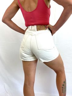 "Sweet shorts by Bongo.  Great vintage shape. Zips in the front.  Size 3, 100% cotton, Made in the USA.  Lying flat.. 12\" across waist 19\" across hips 14\" long" White 90s Style Shorts For Summer, High-waist Cotton Shorts With Belt Loops, High Waist Cotton Shorts With Belt Loops, White 90s Style Summer Shorts, Vintage White Cotton Jean Shorts, Vintage White Bottoms For Summer, Vintage White Jean Shorts, Vintage White Summer Bottoms, Summer Cotton Bermuda Shorts With Belt Loops